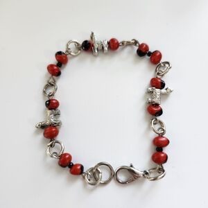Silver and Red Beaded Lamma Alpaca Charm Bracelet Authentic PERUVIAN